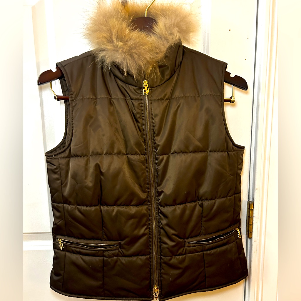 Roberto Verino Womens Brown Puff Vest With Raccoon Fur Trim Us Size 6